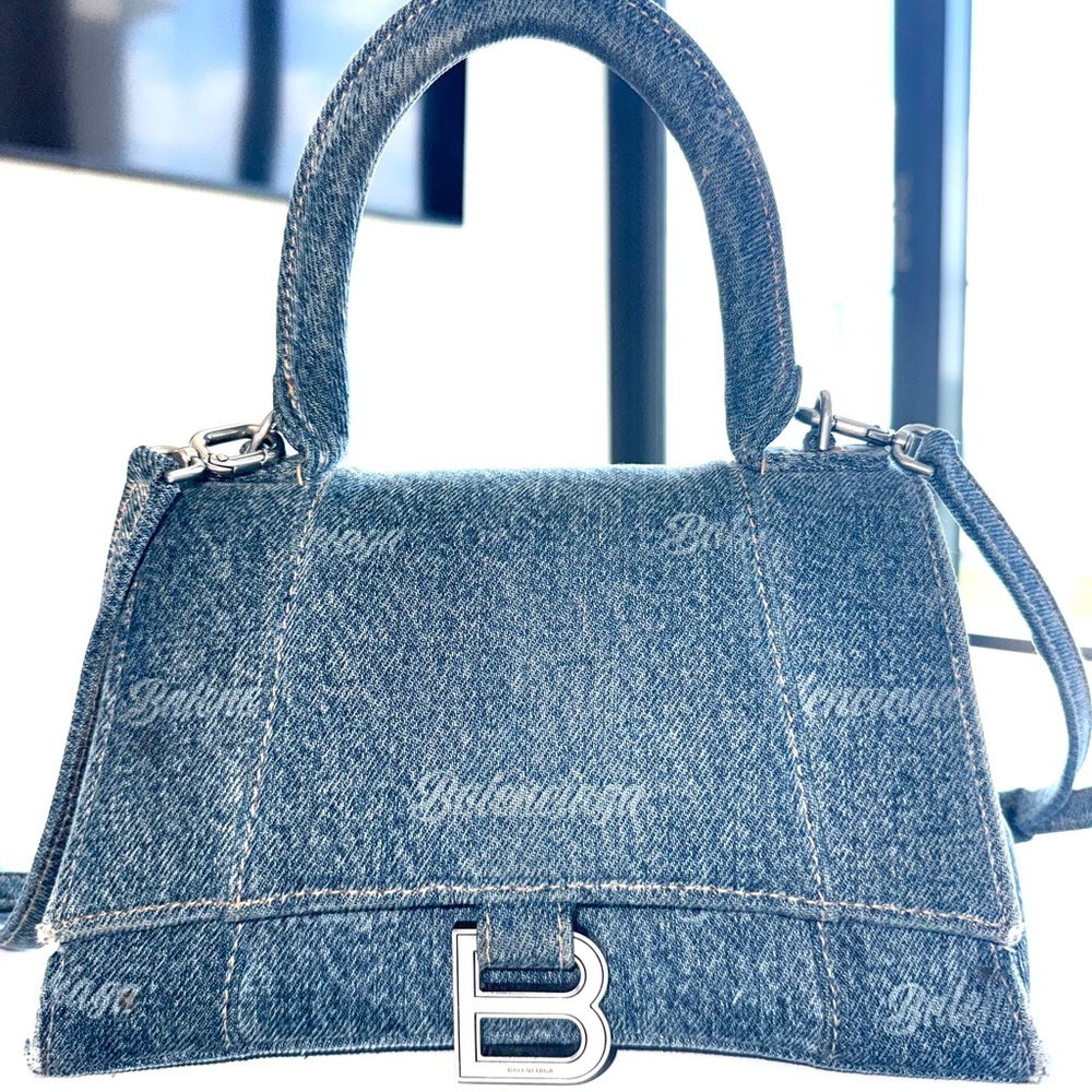 Balenciaga Blue Satchel Denim Bag with Silver Hardware